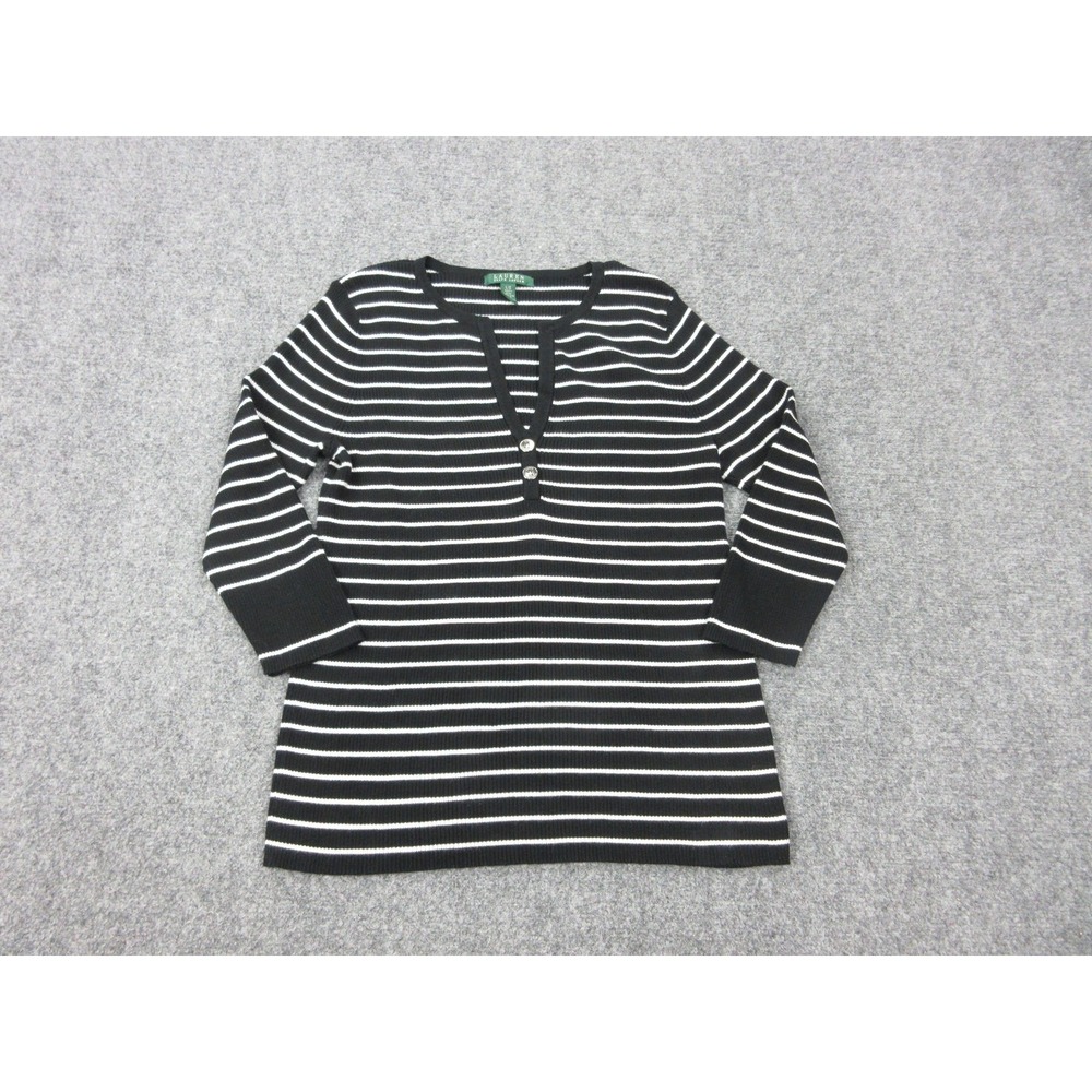 Lauren Ralph Lauren Sweater Womens Large Black Striped V Neck Henley 3/4 Sleeve